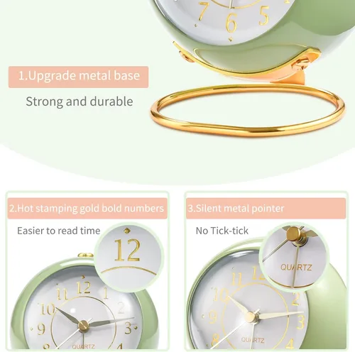 Miniatura 5 de Tetino Relojes despertadores analógicos, retroiluminación retro, bonito diseño simple, pequeño reloj de escritorio con luz nocturna, silencioso sin