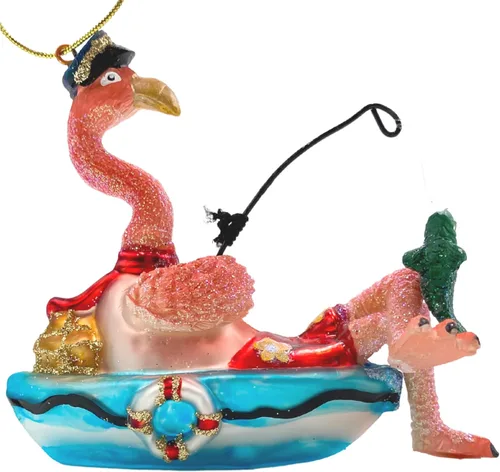 Adorno de cristal para árbol de Navidad de flamenco de pesca, decoración náutica de playa rosa, accesorios para colgar, 5 x 2 x 4 pulgadas (flamenco