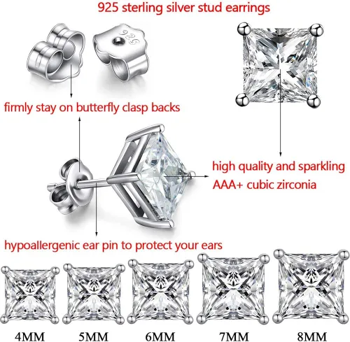 Miniatura 2 de MMTTAO Aretes de plata de ley 925 con circonita cúbica de corte princesa para mujeres, hombres y niñas, brillantes y puros, aretes de circonita