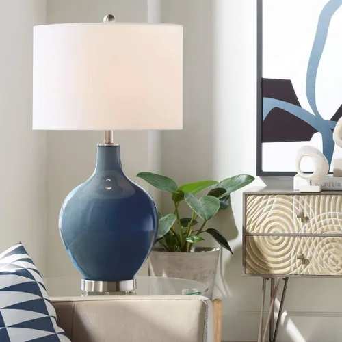 Miniatura 20 de Color + Plus Lámpara de mesa moderna de 28.5 pulgadas de alto, cristal azul Mónaco OVO blanco con pantalla de tambor de lino para sala de estar