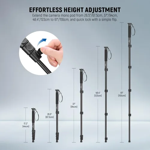 Miniatura 3 de NEEWER Soporte monopie para cámara de 61 pulgadas/61.0 in, poste monopie portátil de video de viaje de aleación de aluminio con adaptador