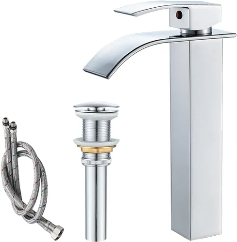 VOTON - Grifo de lavabo cromado moderno alto en cascada para fregadero de baño con desagüe emergente, grifo de baño de una sola manija de un Cromo