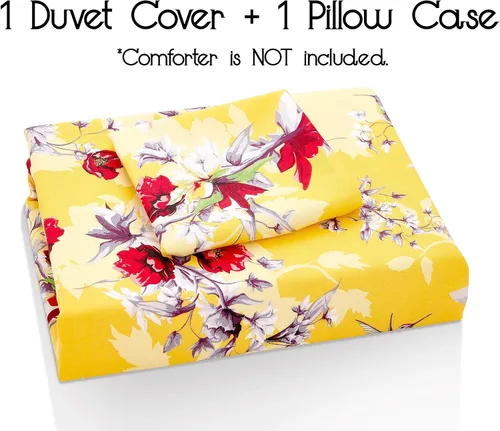 Miniatura 6 de DaDa Bedding - Funda de edredón con diseño floral amarillo radiante, colibríes, flores rojas, jardín, con fundas de almohada, brillante, vibrante