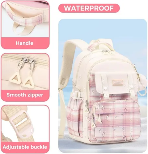 Miniatura 4 de Linda mochila universitaria para laptop para mujer, bolsa de computadora estética de gran capacidad, mochila kawaii rosa con colgante (beige)