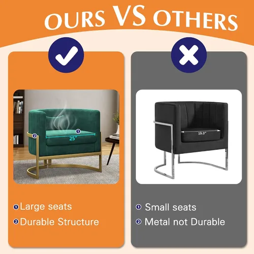 Miniatura 6 de Alunaune Silla moderna para sala de estar, sillón de terciopelo con diseño de barril de terciopelo, sillón tapizado, bañera de mediados de siglo