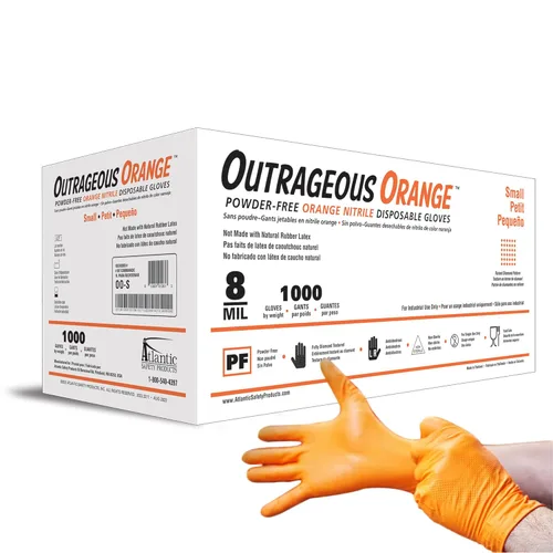Atlantic Safety Products Outrageous - Guantes desechables de nitrilo naranja, resistentes, 8 mil, sin látex ni polvo, naranja, talla S, 100 unidades