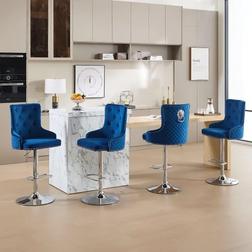 Velvet Lion - Juego de 4 taburetes de bar de terciopelo, taburetes de bar modernos giratorios de altura ajustable con base cromada, taburetes de bar