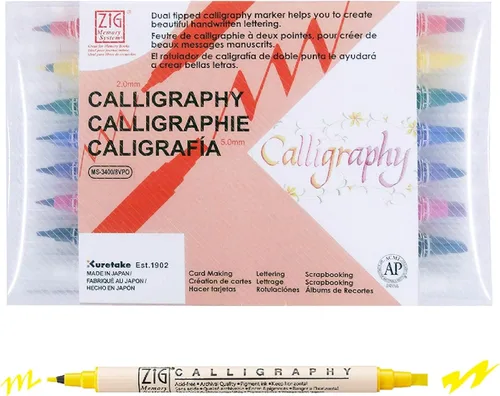Kuretake Zig Calligraphy - Rotuladores de doble punta, 7 colores y juego de licuadora, 0.197 pulgadas, doble punta, para arte, boceto, ilustración,