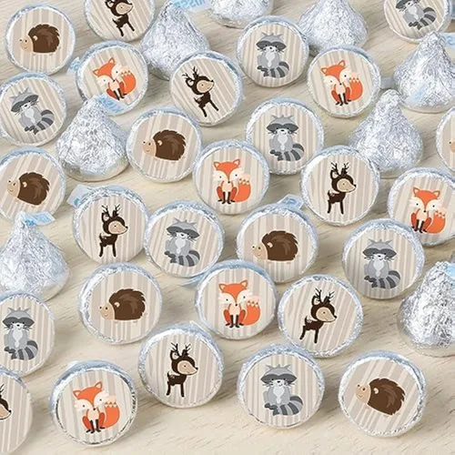 Big Dot of Happiness Woodland Creatures - Calcomanías redondas pequeñas para baby shower o fiesta de cumpleaños, etiquetas para recuerdos de fiesta,