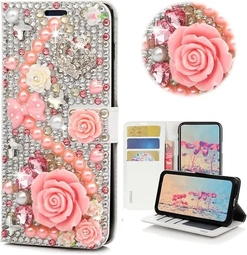 Miniatura 12 de Bling - Funda tipo cartera para teléfono compatible con Samsung Galaxy Z Fold 3 5G, elegante, hecha a mano en 3D con lazo de cristal, bolsa de rosa