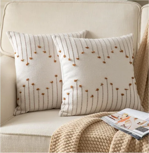 Miniatura 16 de Caflife Fundas de almohada boho de 18 x 18 pulgadas, juego de 2 almohadas decorativas para cama, fundas de almohada beige con línea negra para sofá