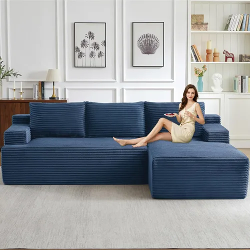 Miniatura 37 de Sofá seccional modular de 96", sofá en forma de L tipo nube sin estructura con chaise lounge, tapizado de pana con asiento profundo de espuma Negro