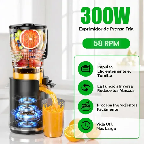 Miniatura 3 de Exprimidor de prensado en frío con canal de alimentación de 5.8 pulgadas de ancho, exprimidor de masticación lenta de 300 W para frutas y verduras