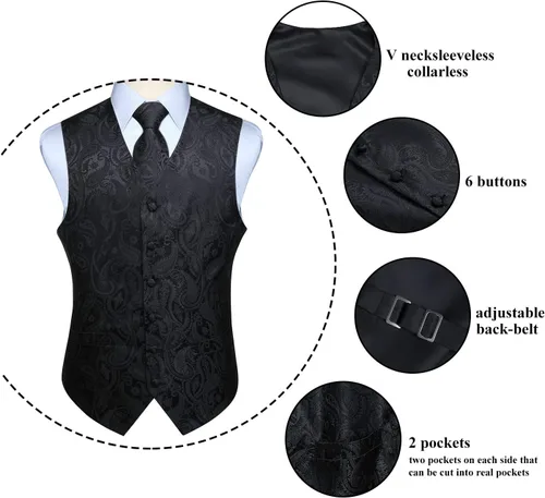 Miniatura 4 de Enlision Mens Vest Tie Set Paisley Vest and Necktie Pocket Square 3pc Formal Dress Waistcoat for Suit or Tuxedo