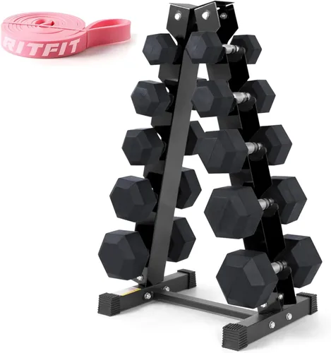 Miniatura 20 de RitFit Juego de mancuernas hexagonales con revestimiento de goma de 5 a 780 libras con estante para gimnasio en casa, entrenamiento de fuerza