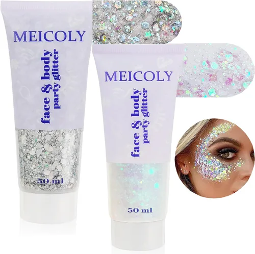 Miniatura 15 de MEICOLY Juego de purpurina negra y blanca transparente, gel de purpurina de cara de sirena, accesorios para festivales de cantantes, accesorios