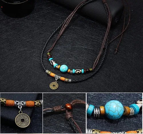Miniatura 4 de Beulous Collar de cuero con cuentas de doble capa estilo tribal vintage para hombre y mujer, con colgante para surfista de verano y playa, Cuero, No