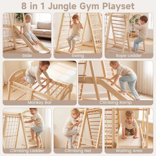 Miniatura 3 de OLAKIDS Gimnasio interior de la selva, 8 en 1 de madera Montessori juguetes de escalada para niños pequeños con rampa ajustable deslizante, escalera