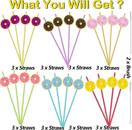 Miniatura 6 de 24 popotes reutilizables con forma de dona y arco iris loco para suministros de fiesta de cumpleaños, decoraciones de fiesta con 2 cepillos