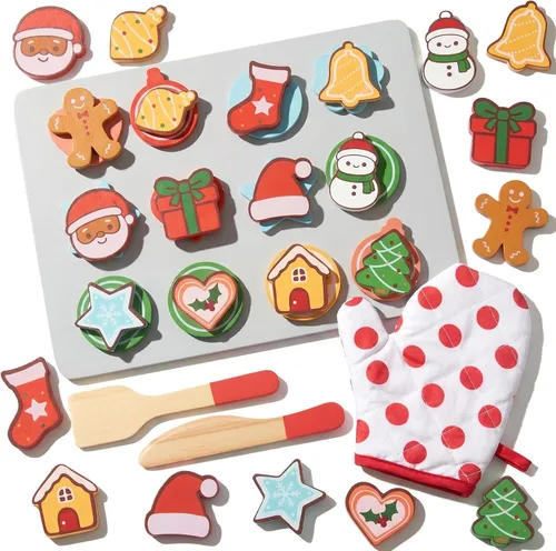 Slice and Bake - Juego de comida de madera para niños, juguetes de cocina, accesorios de comida para niños pequeños, juego de hornear para niñas de