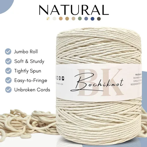 Miniatura 2 de BOCHIKNOT Cuerda de macramé a granel de 0.157 in x 495 yardas, cuerda de algodón de una sola hebra para colgar plantas en la pared, manualidades
