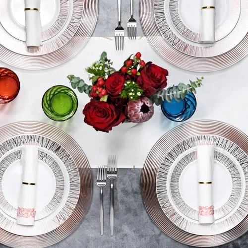 Miniatura 5 de Platos de carga de oro rosa de 13 pulgadas (juego de 6) platos de servicio de cena para fiestas, bodas, Acción de Gracias, celebraciones de Borde