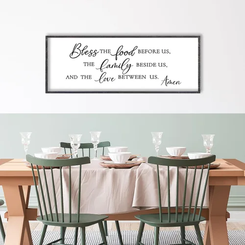 Miniatura 3 de LuZhiQiang Arte de pared para comedor 81,3×30,5 cm "Bless The Food Before Us" Letrero cristiano para cocina, cita familiar agradecida, cuadro grande