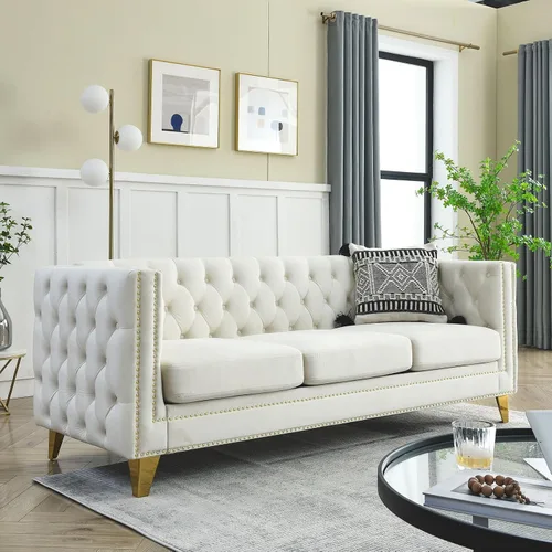 Miniatura 11 de Modern 3 Seater Couch Black Velvet Sofa Upholstered Button Tufted Nailhead Trim, Square Arm Loveseat Sofa, Sturdy Golden Metal Legs, 80.5'' Couch