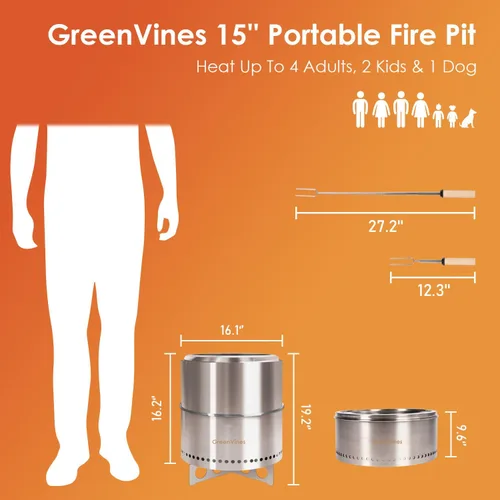 Miniatura 6 de GREENVINES Fogón sin humo 15 pulgadas Fogón de acero inoxidable Fogones portátiles para exteriores con soporte para camping Hoguera