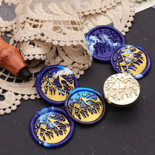 Miniatura 5 de SWANGSA - Juego de sellos de cera, estilo vintage, 4 cabezas con diseños de castillo, libro mágico, luna, planta y estrella + 1 mango de madera