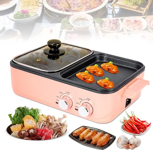 Miniatura 8 de Olla Caliente con Parrilla, Olla Caliente Eléctrica y Sartén, Olla Shabu Shabu con Parrilla, Olla Shabu Shabu Antiadherente y Plancha 2 en 1