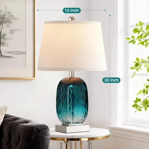 Miniatura 4 de Juego de 2 lámparas de mesa con control táctil, lámpara de noche de cristal verde azulado costero con puertos USB A+C, lámparas de mesa de noche