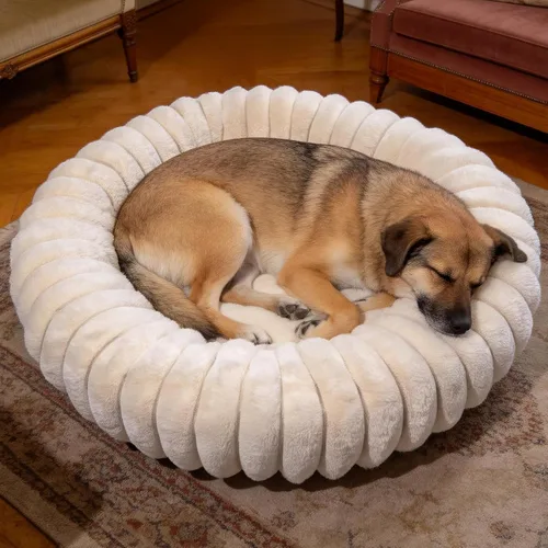 Miniatura 17 de Cama en forma de dona para perros y gatos, lujosa y cómoda cama de pelo sintético de conejo para mascotas, cama redonda antiansiedad calmante