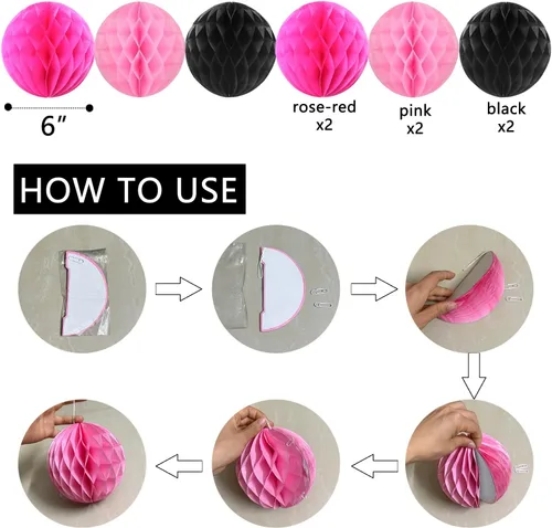 Miniatura 5 de Decoraciones de Fiesta de Cumpleaños en Negro y Rosa - Pancarta de Feliz Cumpleaños, Bolas de Panal, Remolinos de Estrellas, Puntos Circulares