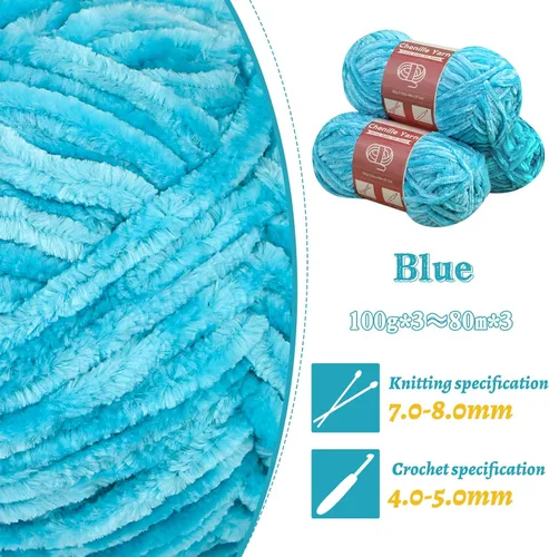 Miniatura 3 de LUNARM Hila de chenilla para crochet y tejer, 3 madejas de 240 metros de hilo grueso suave y voluminoso para tejer mantas, ropa, creaciones de Azul