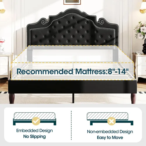 Miniatura 6 de WEEWAY Base de cama de plataforma de tamaño matrimonial con tiara ajustable de terciopelo, cabecero curvado y alta resistencia, botón tapizado