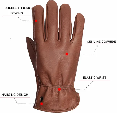 Miniatura 3 de Guantes de trabajo de cuero de vaca marrón retro para construcción, jardinería y trabajo en el jardín con palma reforzada para hombres y mujeres