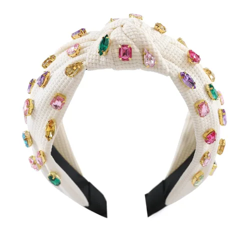 Miniatura 2 de Diadema anudada con joyas para mujeres y niñas, diadema de diamantes de imitación de cristal brillante, nudo superior ancho para mujer, diadema Beige