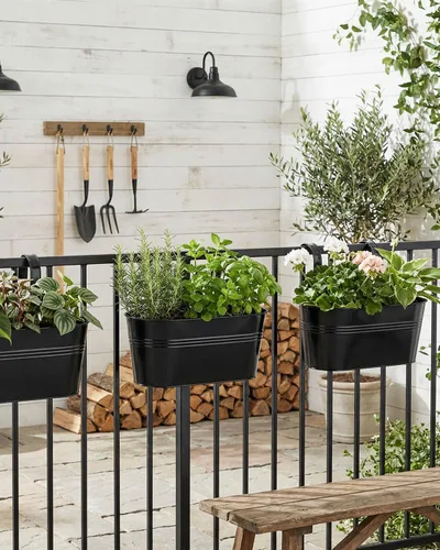 Miniatura 7 de Macetas de barandilla de metal para plantas al aire libre – 5 macetas colgantes de balcón con ganchos desmontables y agujeros de drenaje, macetas