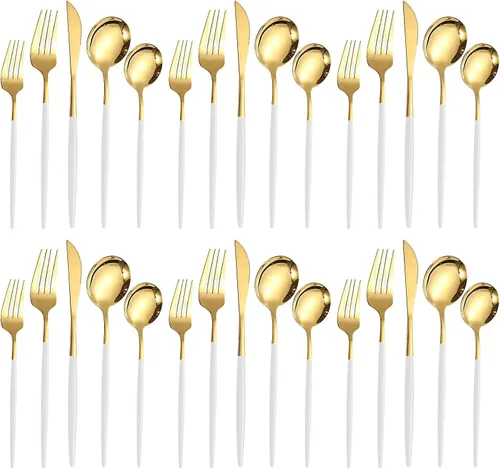 Miniatura 8 de Kawlity Cubiertos de acero inoxidable duraderos de color blanco y dorado, cuchillos pulidos, cuchara, tenedores, 30 piezas, vajilla de cena