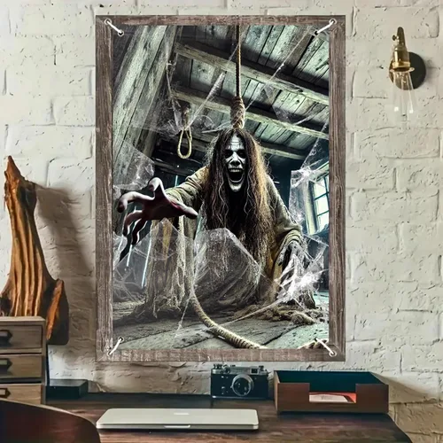 BlissYard Pancarta para ventana de Halloween de 31 x 47 pulgadas, diseño de casa embrujada, fantasma, ventana, espíritu espeluznante, decoración de