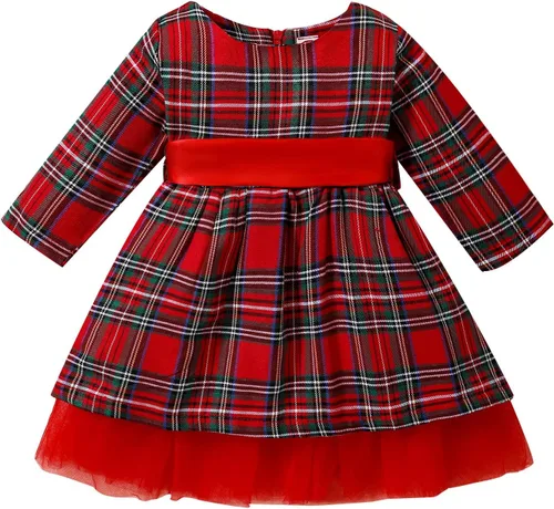 Vestido de moda tutú para niños y niñas, traje de Navidad rojo a cuadros vestido de manga larga