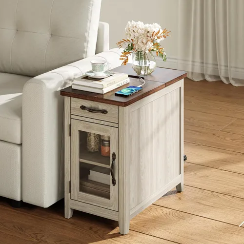 Miniatura 2 de LINSY HOME Juego de 2 mesas auxiliares con estación de carga, mesa auxiliar moderna de estilo granja para sofá, mesa de noche de madera para sala