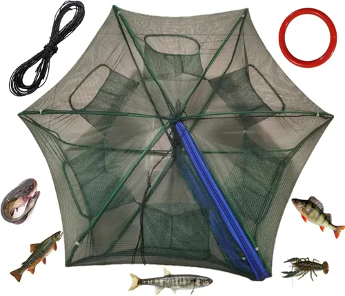 Minnow Trap - Paraguas plegable portátil de 6 agujeros, red de pesca, malla de polietileno, marco de hierro, macetas de cangrejo con anillo flotante