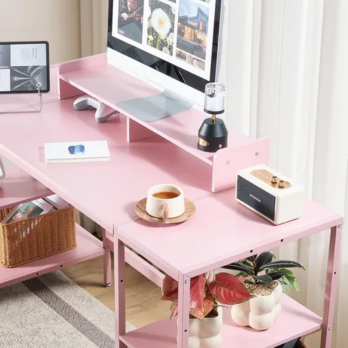Miniatura 4 de MINOSYS Escritorio para computadora de 55 pulgadas con estante de almacenamiento - Rosa, ideal para dormitorios, espacios pequeños y oficinas