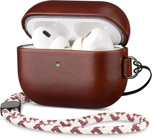 Miniatura 20 de Maogoam Funda de cuero genuino para AirPods Pro 2, botón de sincronización, diseño de clip en D con cordón de mano, funda de cuero encerado