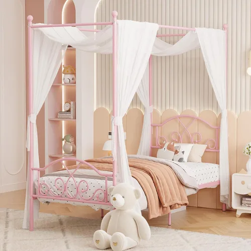 Miniatura 13 de Weehom - Estructura de cama con dosel individual, con cabecero y pie de cama, cortinas de cuatro postes de metal, diseño de plataforma de cama