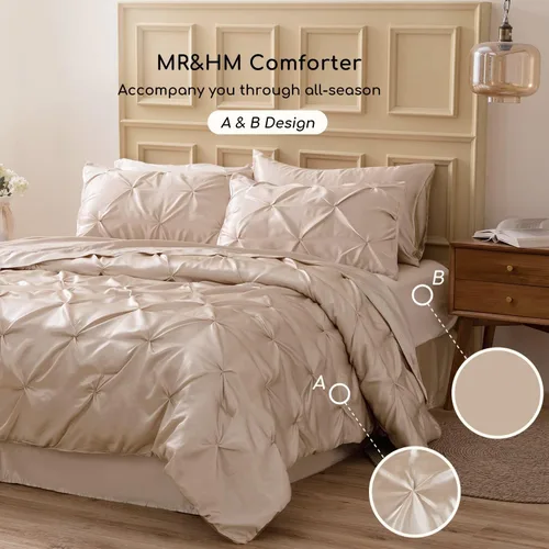 Miniatura 7 de MR&HM Edredón de satén California King de 7 piezas, color champán, lujoso juego de ropa de cama plisado con edredón, sábana encimera, sábana bajera