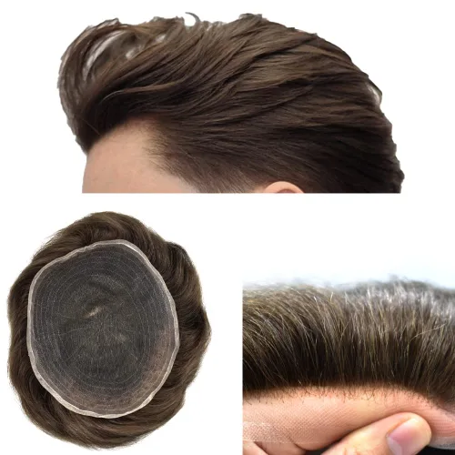 Miniatura 173 de Toupee para hombres nudos blanqueados hombres toupee hairpieces europeo virgen sistema de reemplazo de cabello humano suave encaje francés hombres