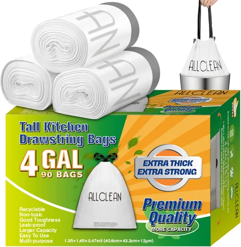 Bolsas de basura de 4 galones, 90 bolsas de basura ultra duraderas y resistentes con cordón, gruesas resistentes al desgarro, sin perfume, Blanco de